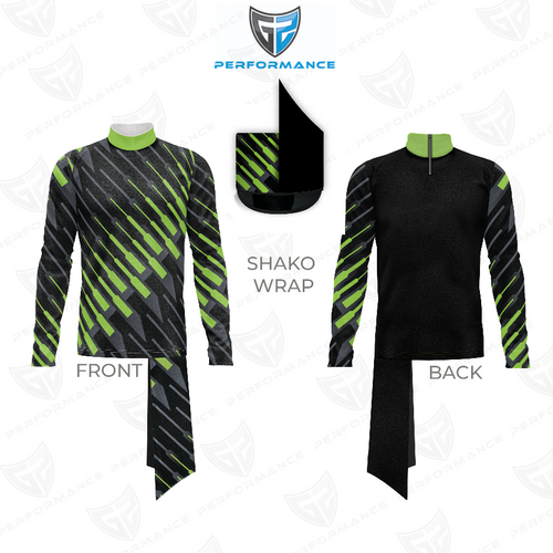 Marching Band Flow Flex Performance Top G006 showing front and back views with black and charcoal body, lime green diagonal performance graphics, mock neck design, coordinated shako wrap, and flexible lightweight fabric engineered for marching band movement and comfort.