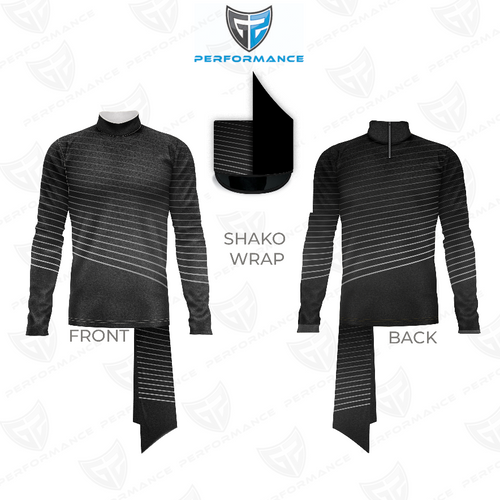 Marching Band Flow Flex Performance Top G007 shown in front and back views with matching shako wrap, featuring a sleek black design with diagonal stripe detailing for professional, high-performance marching band uniforms.
