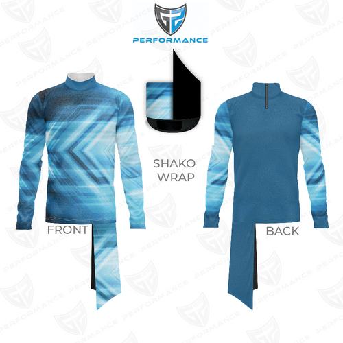 Marching Band Flow Flex Performance Top G008 showing front and back views with matching shako wrap, featuring a blue gradient geometric pattern, long sleeves, mock neck, and flexible performance fabric designed for marching band movement and comfort.