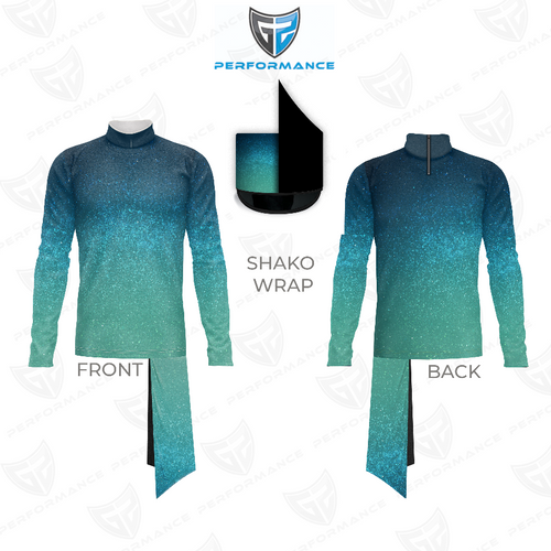 Marching Band Flow Flex Performance Top G009 shown in front and back views with matching shako wrap, featuring a blue-to-teal gradient design, long-sleeve athletic fit, and flexible performance fabric engineered for precision marching band uniforms.
