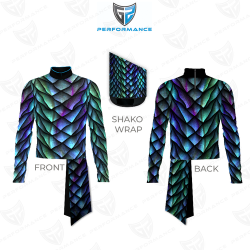 Marching Band Flow Flex Performance Top G031 shown in front and back views with matching shako wrap, featuring an iridescent geometric scale pattern in teal, blue, green, and purple tones, high-neck long-sleeve performance design with stretch fabric, optimized for marching band uniforms and coordinated visual impact.