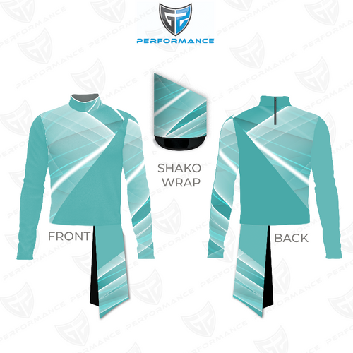 Marching Band Flow Flex Performance Top G040 shown in front and back views with matching shako wrap, featuring a teal and aqua color palette, flowing diagonal wrap graphics, long sleeves, and a structured mock neck, designed for flexibility, visual precision, and high-impact marching band performances.