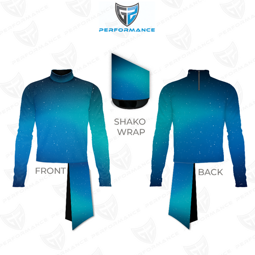 Marching Band Flow Flex Performance Top G041 shown in front and back views with matching shako wrap, featuring a blue-to-teal gradient design with subtle star pattern, long sleeves, high collar, and flexible performance fit for professional marching band uniforms.