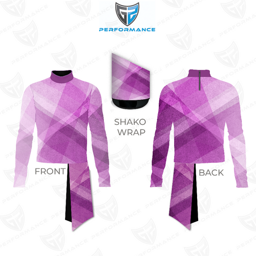 Marching Band Flow Flex Performance Top G042 shown in front and back views with matching shako wrap, featuring a purple geometric layered pattern, long sleeves, mock neck collar, and streamlined fit designed for flexibility, comfort, and visual precision in marching band performances.