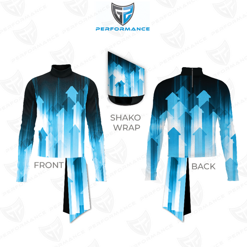 Front and back view of Marching Band Flow Flex Performance Top G043 with matching shako wrap, featuring a black base and bold blue upward arrow graphics, long sleeves, and a high mock neck, designed for high-impact marching band performances.