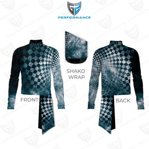 Marching Band Flow Flex Performance Top G044 shown in front and back views with matching shako wrap, featuring an asymmetrical teal and black checkered pattern, long sleeves, and a flexible performance fit designed for marching band uniforms.