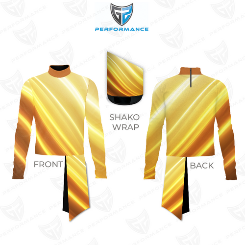 Front and back views of the Marching Band Flow Flex Performance Top G045 featuring a high-neck long-sleeve uniform top with a radiant gold and amber gradient design, paired with a matching shako wrap. Engineered with stretch performance fabric for marching band and drum corps precision, flexibility, and visual impact.