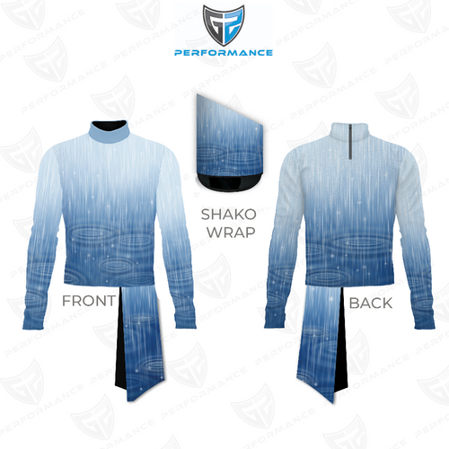 Marching Band Flow Flex Performance Top G046 shown in front and back views with matching shako wrap, featuring a cool blue gradient design with vertical rain-like motion lines and subtle ripple patterns, mock neck collar, long sleeves, and stretch performance fabric designed for comfort, mobility, and precision marching band uniforms.