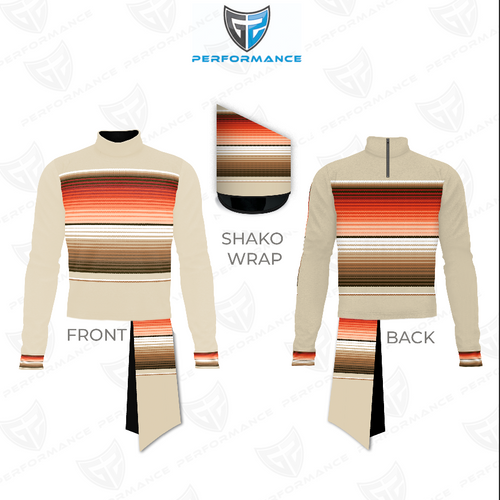 Front and back views of Marching Band Flow Flex Performance Top G047 with matching shako wrap, featuring a cream-colored base, horizontal gradient stripe pattern across the chest in red, brown, and neutral tones, long sleeves, mock neck collar, and flexible performance fabric designed for marching band uniforms.