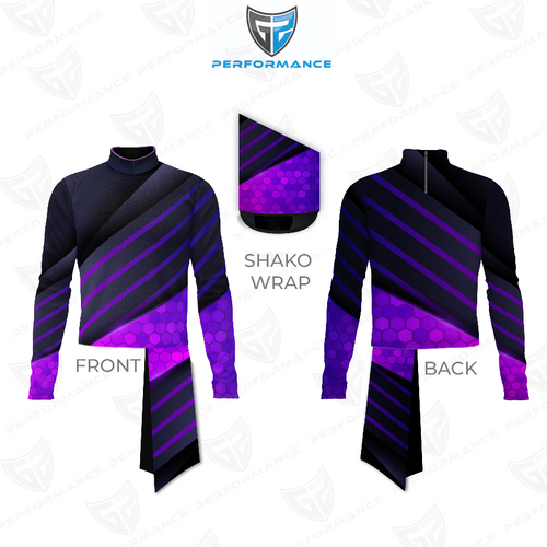 Marching Band Flow Flex Performance Top G048 shown in front and back views with matching shako wrap, featuring a black base with bold purple diagonal stripes, honeycomb texture accents, mock neck collar, and flexible performance fabric designed for high-impact marching band uniforms.