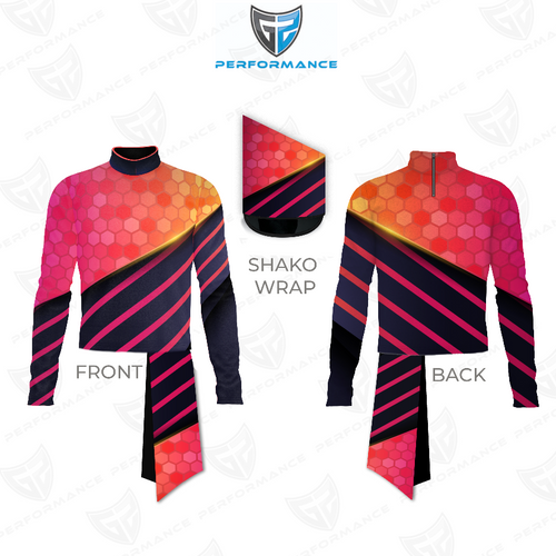 Marching Band Flow Flex Performance Top G049 showing front and back views with matching shako wrap, featuring a high-neck long-sleeve design, bold pink-to-orange gradient with hexagon texture, diagonal navy and pink performance stripes, and a flexible athletic fit designed for modern marching band uniforms.