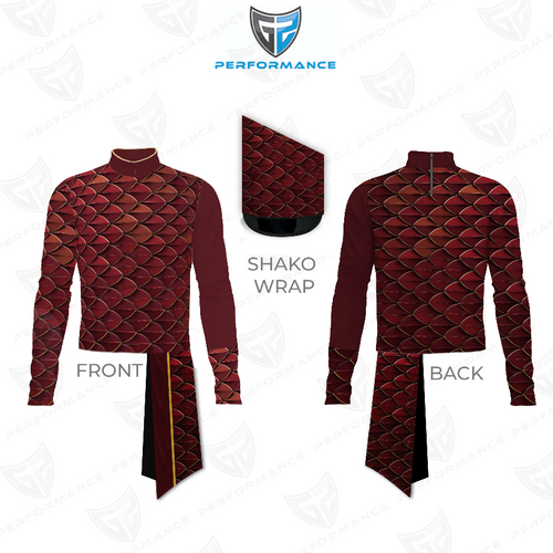 Marching Band Flow Flex Performance Top G032 shown in front and back views with matching shako wrap, featuring a deep maroon scale-inspired pattern, long sleeves, and a high-stretch performance fabric designed for marching band uniforms, offering flexibility, durability, and a cohesive stage-ready look.