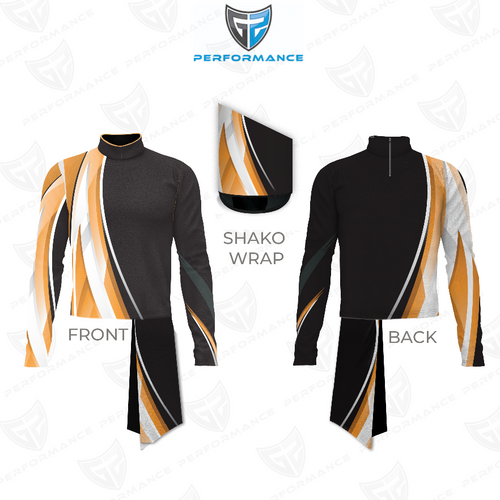 Marching Band Flow Flex Performance Top G050 shown in front and back views with matching shako wrap, featuring a black base accented by gold, white, and grey diagonal graphics, designed for high-performance marching band uniforms with a modern athletic fit.
