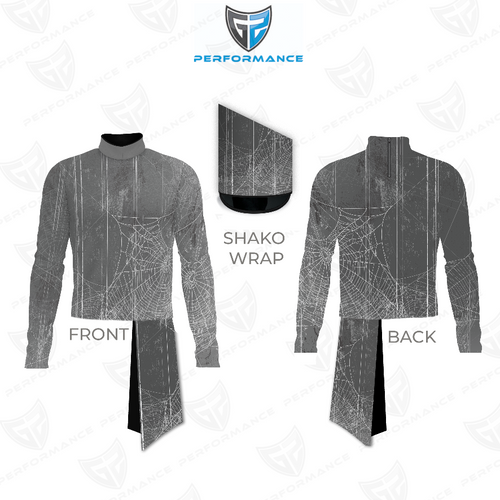 Front and back view of Marching Band Flow Flex Performance Top G051 with matching shako wrap, featuring a long-sleeve high-collar marching band uniform in grey with textured fabric and abstract spider-web graphic pattern, designed for flexibility, durability, and high-performance marching band use.