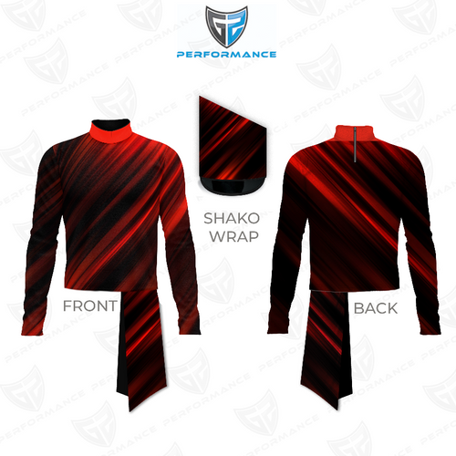 Marching Band Flow Flex Performance Top G052 shown in front and back views with matching shako wrap, featuring a dynamic red and black diagonal streak design, long sleeves, and a high-performance collar, engineered for marching band uniforms that demand flexibility, durability, and striking visual presence on the field.