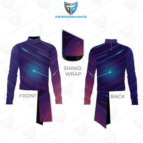 Marching Band Flow Flex Performance Top G053 shown in front and back views with matching shako wrap, featuring a deep purple base with vibrant neon diagonal light streaks, long sleeves, high mock neck collar, and performance-ready design for marching band and drum corps uniforms.