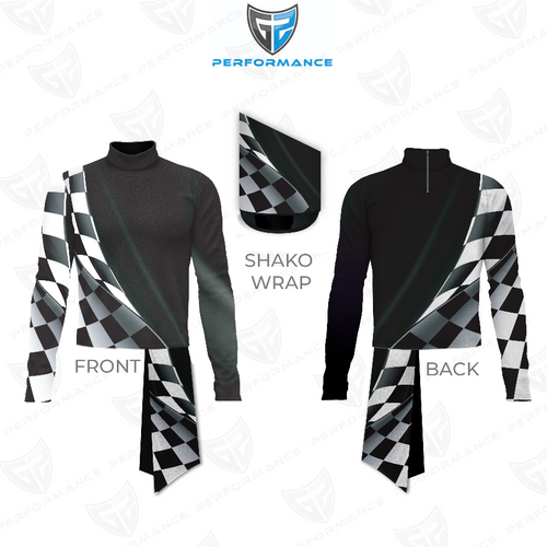 Marching Band Flow Flex Performance Top G054 showing front and back views, featuring a matte black performance base with a striking black-and-white geometric checkered diagonal design, paired with a matching shako wrap, engineered for precision fit and high-visibility marching band performances.