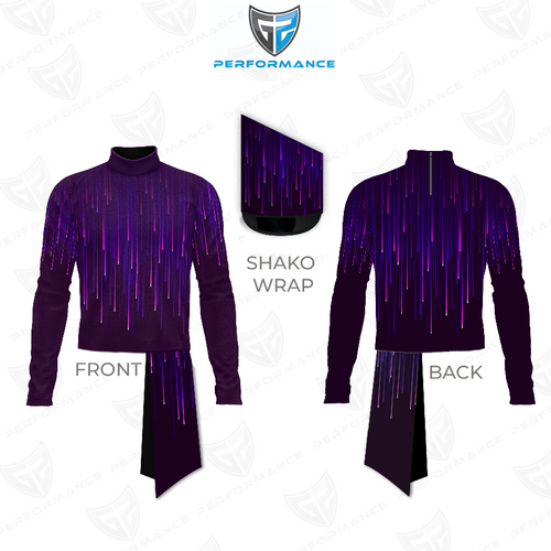 Marching Band Flow Flex Performance Top G055 showcasing front and back views with matching shako wrap, featuring a deep purple long-sleeve uniform with a mock neck and vertical light-streak graphic design, engineered for flexibility, comfort, and high visual impact during marching band performances.