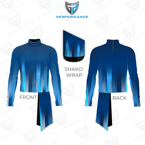 Marching Band Flow Flex Performance Top G056 front and back view with shako wrap, showcasing a high-neck long-sleeve marching band uniform top in deep navy blue with vertical gradient blue accents, designed for flexibility, comfort, and professional marching band performance.