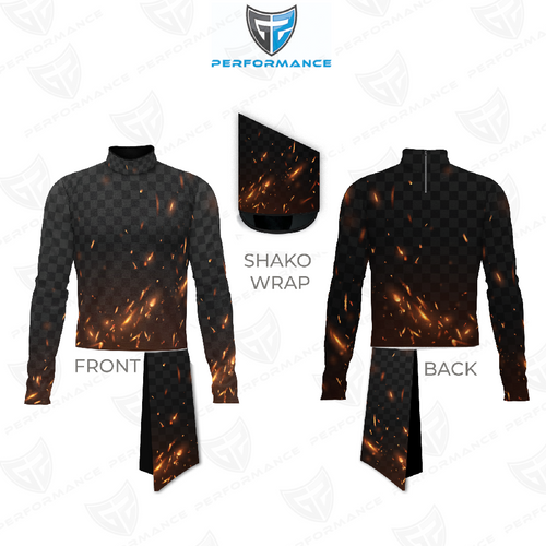Marching Band Flow Flex Performance Top G057 shown in front and back views with matching shako wrap, featuring a black checkered pattern blended with glowing ember-inspired graphics, mock neck design, long sleeves, and high-performance stretch fabric engineered for marching band uniforms.