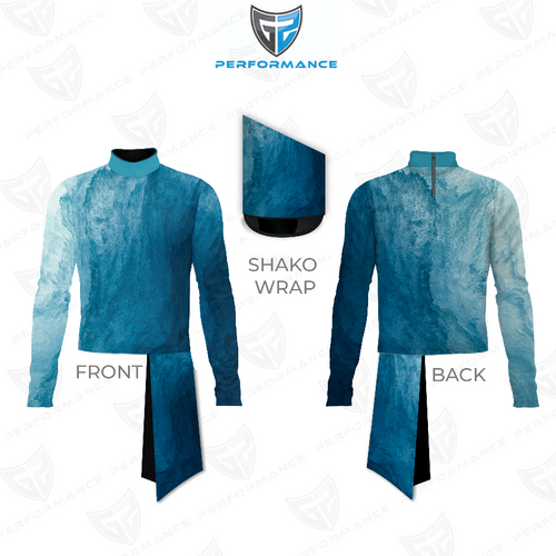 Marching Band Flow Flex Performance Top G058 shown in front and back views with matching shako wrap, featuring a blue watercolor gradient design, long sleeves, and mock neck collar for flexible, lightweight, and high-performance marching band uniforms.