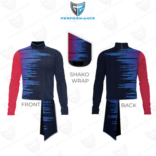 Marching Band Flow Flex Performance Top G059 shown in front and back views with coordinated shako wrap, featuring a bold red and navy color block design, dynamic blue digital streak graphics, long sleeves, and a performance mock neck ideal for competitive marching band uniforms.