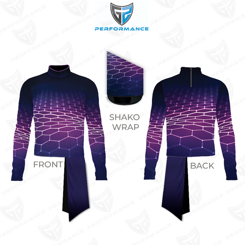 Front and back view of Marching Band Flow Flex Performance Top G033 with matching shako wrap, featuring a high-neck, long-sleeve performance uniform in a purple-to-navy gradient with hexagonal geometric pattern, designed for flexibility, precision fit, and visual impact in marching band performances.