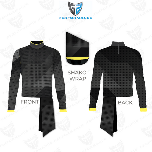 Marching Band Flow Flex Performance Top G060 shown in front and back views with matching shako wrap, featuring a black and dark grey geometric pattern, long sleeves, mock collar with yellow trim, and flexible performance fabric designed for precision marching band uniforms.