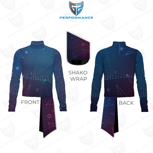 Front and back views of Marching Band Flow Flex Performance Top G061 with matching shako wrap, featuring a blue-to-purple digital geometric pattern, long sleeves, and high collar, designed for marching band uniforms with flexibility, breathability, and performance-focused comfort.