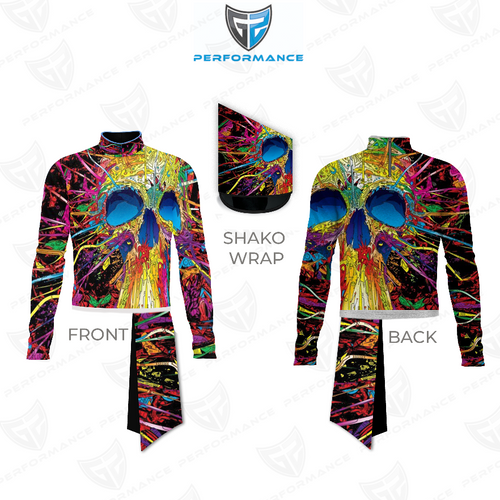 Marching Band Flow Flex Performance Top G062 showing front and back views with matching shako wrap, featuring a vibrant multicolor abstract skull design, long sleeves, and a high mock collar—engineered for elite marching band performances with bold visual impact, flexibility, and all-day performance comfort.