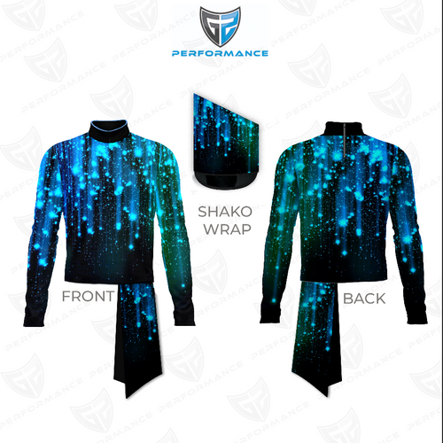 Marching Band Flow Flex Performance Top G063 shown in front and back views with matching shako wrap, featuring a blue and teal galaxy-inspired digital design, long sleeves, and flexible performance fabric ideal for marching band, color guard, and competitive performance uniforms.