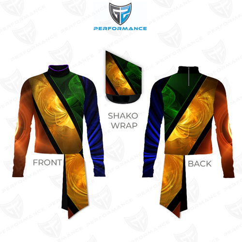Marching Band Flow Flex Performance Top G064 shown in front and back views with matching shako wrap, featuring a high-neck, long-sleeve design with dynamic diagonal color blocking in gold, green, blue, and orange, engineered for flexibility, comfort, and high-impact visual performance in marching band uniforms.