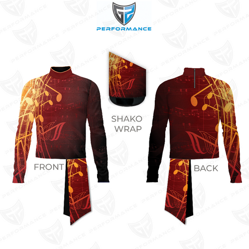 Marching Band Flow Flex Performance Top G065 shown in front and back views with matching shako wrap, featuring a red and gold musical-note graphic design, long-sleeve high-collar marching band uniform top engineered for flexibility, precision movement, and visual impact.