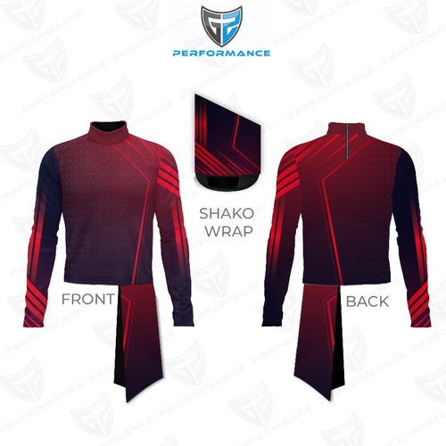 Marching Band Flow Flex Performance Top G066 shown in front and back views with matching shako wrap, featuring a red and navy gradient design, diagonal performance striping, long sleeves, and a high mock-neck collar, engineered for flexibility, comfort, and visual impact in marching band uniforms.