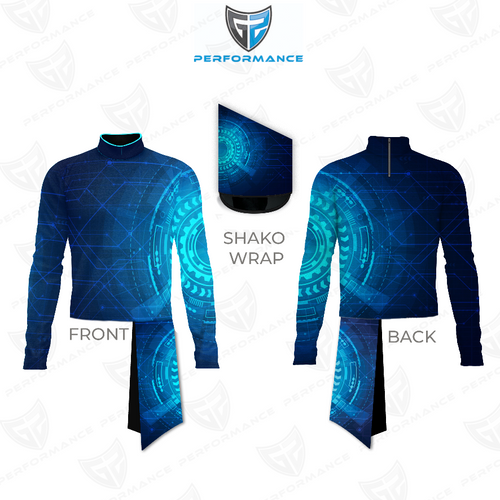 Marching Band Flow Flex Performance Top G067 by G2 Performance shown in front and back views with matching shako wrap, featuring a futuristic blue circuit-inspired graphic design, long sleeves, and high mock collar, engineered for flexibility, comfort, and precision fit in marching band and performance uniforms.