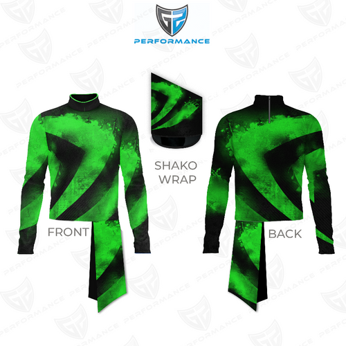 Marching Band Flow Flex Performance Top G068 shown in front and back views with matching shako wrap, featuring a bold green and black abstract swirl pattern, long-sleeve high-collar performance uniform designed for flexibility, breathability, and precision fit in marching band performances.