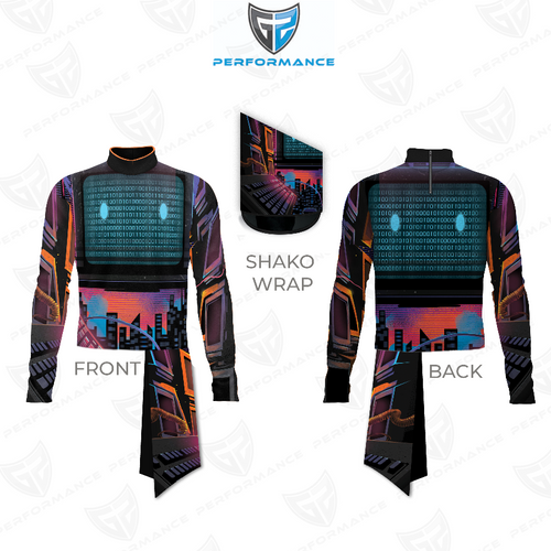 Marching Band Flow Flex Performance Top G069 shown in front and back views with matching shako wrap, featuring a futuristic digital circuit and city skyline graphic, long-sleeve performance marching band uniform designed for flexibility, breathability, and high-impact visual performance.