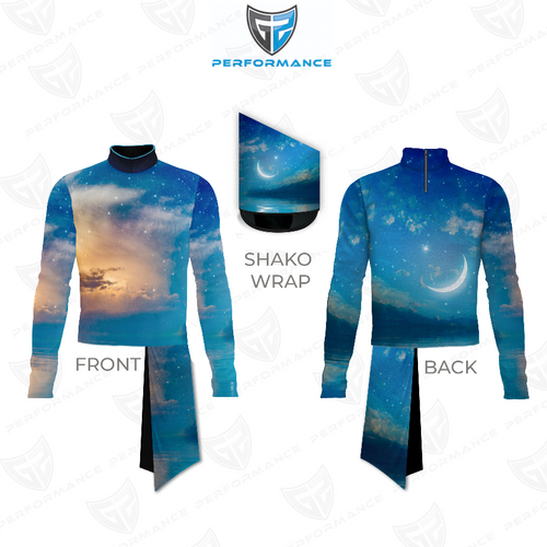 Marching Band Flow Flex Performance Top G034 shown in front and back views with matching shako wrap, featuring a high-neck long-sleeve performance top and a custom celestial sky design with clouds, stars, and crescent moon, created for flexibility, comfort, and striking visual impact in marching band performances.