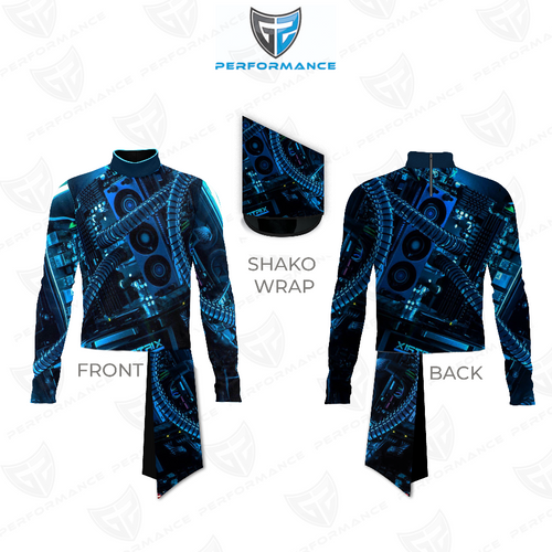 Marching Band Flow Flex Performance Top G070 shown in front and back views with matching shako wrap, featuring a futuristic blue and black cyber-inspired graphic design, long sleeves, athletic stretch fit, and performance fabric designed for marching band and drum corps uniforms.
