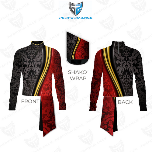 Marching Band Flow Flex Performance Top G071 shown in front and back views with matching shako wrap, featuring a black and red damask pattern with a bold gold diagonal stripe, long sleeves, and a high-performance stretch design for marching band and drum corps uniforms.
