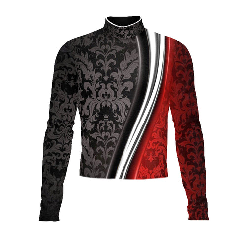 Marching Band Flow Flex Performance Top G071.2 featuring a high-collar design with long sleeves, ornate damask pattern, and a bold diagonal split in black and red with silver accent stripes, designed for competitive marching band and performance uniforms.