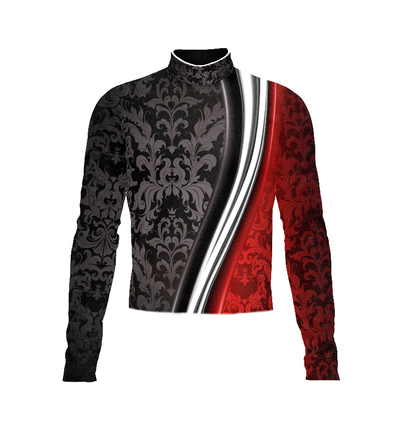 Marching Band Flow Flex Performance Top G071.2 featuring a high-collar design with long sleeves, ornate damask pattern, and a bold diagonal split in black and red with silver accent stripes, designed for competitive marching band and performance uniforms.