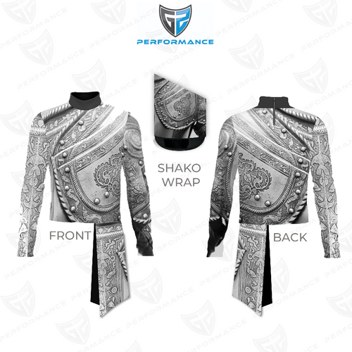 Marching Band Flow Flex Performance Top G072 shown in front and back views with matching shako wrap, featuring a high-collar, long-sleeve design and detailed grayscale ornamental armor-inspired graphics, engineered for flexibility, precision fit, and elite visual impact in competitive marching band uniforms.