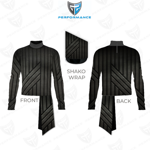 Marching Band Flow Flex Performance Top G073 shown in front and back views with matching shako wrap, featuring a sleek black design with vertical pinstripes, diagonal geometric accents, long sleeves, and a high mock collar, engineered for flexibility, uniform precision, and high-performance marching band wear.