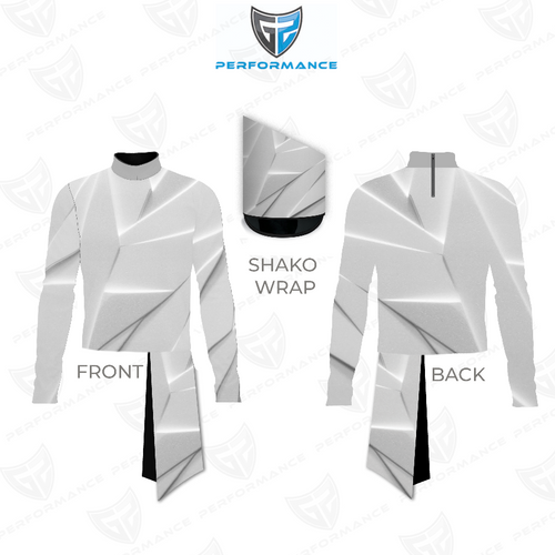 Marching Band Flow Flex Performance Top G074 shown in front and back views with matching shako wrap, featuring a sleek white and silver geometric pattern, long sleeves, and a high collar, designed for flexibility, visual impact, and precision fit in marching band uniforms.