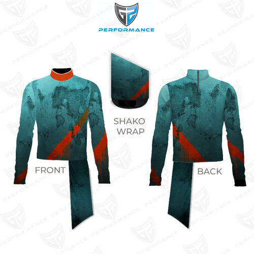 Marching Band Flow Flex Performance Top G075 displayed in front and back views with matching shako wrap, featuring a teal distressed texture with bold diagonal orange accents, high mock neck collar, and flexible performance fabric designed for modern marching band uniforms.