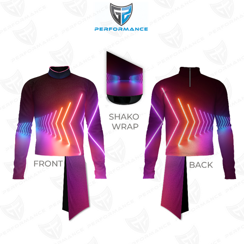 Marching Band Flow Flex Performance Top G035 shown in front and back views with matching shako wrap, featuring a deep maroon base accented by vibrant neon chevron graphics in pink, orange, and blue across the torso and sleeves, designed for dynamic visual impact, stretch flexibility, and precision performance in marching band uniforms.