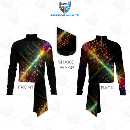 Marching Band Flow Flex Performance Top G036 showing front and back views with matching shako wrap, featuring a black long-sleeve high-collar uniform top accented by a diagonal multicolor light-burst graphic in neon green, gold, and purple, designed for flexibility, visual impact, and professional marching band performances.