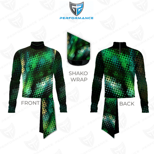 Marching Band Flow Flex Performance Top G037 shown in front and back views with matching shako wrap, featuring a green and black digital dot pattern, long sleeves, and a high mock neck, designed for flexibility, durability, and high-performance marching band uniforms.