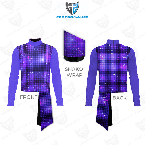 Marching Band Flow Flex Performance Top G038 shown in front and back views with matching shako wrap, featuring a purple long-sleeve marching band uniform with a high collar and shimmering pixelated grid pattern, designed for coordinated visual impact and performance-ready flexibility.